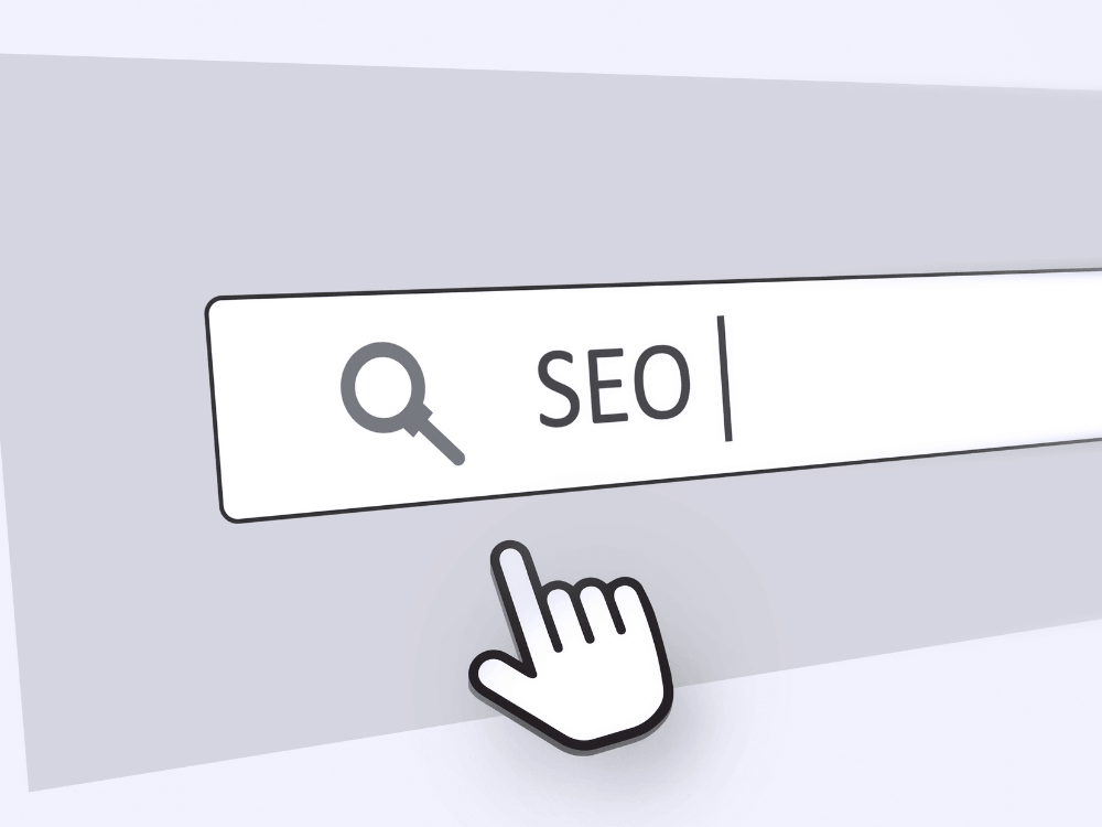 Campo de busca com o termo SEO e ícone de lupa, representando a pesquisa e otimização de um site para buscadores. Tudo para explicar "como melhorar o SEO do meu site".