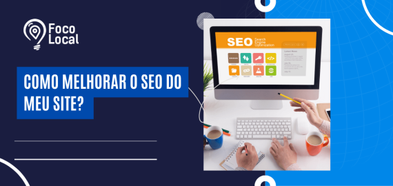 Capa do guia sobre como melhorar o SEO do site, com computador exibindo elementos de otimização para mecanismos de busca.